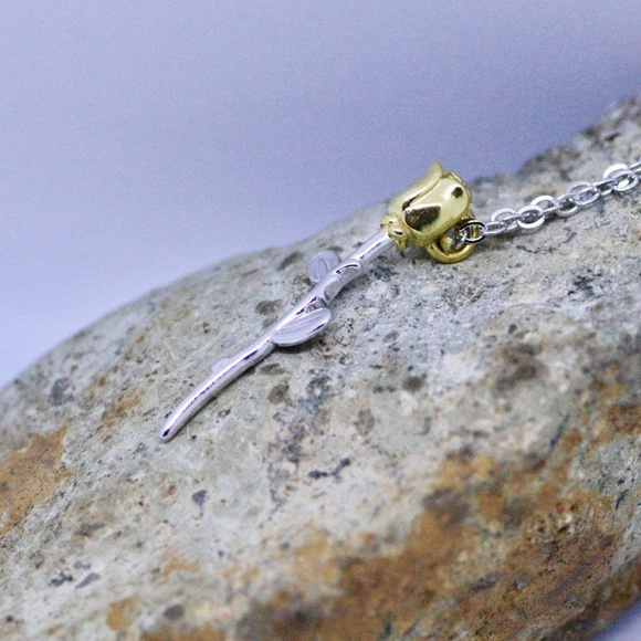 Romantic Two Tone Rose Flower Pendant Sterling Silver 925 , Flower Necklace - Picture 3 of 10